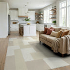 Subtle Beige Geometric Interlock Blocks Rug Living Room View