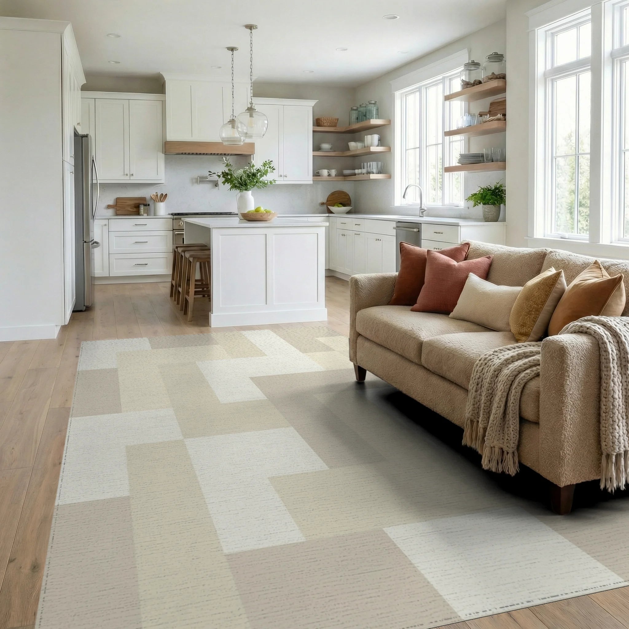 Subtle Beige Geometric Interlock Blocks Rug Living Room View