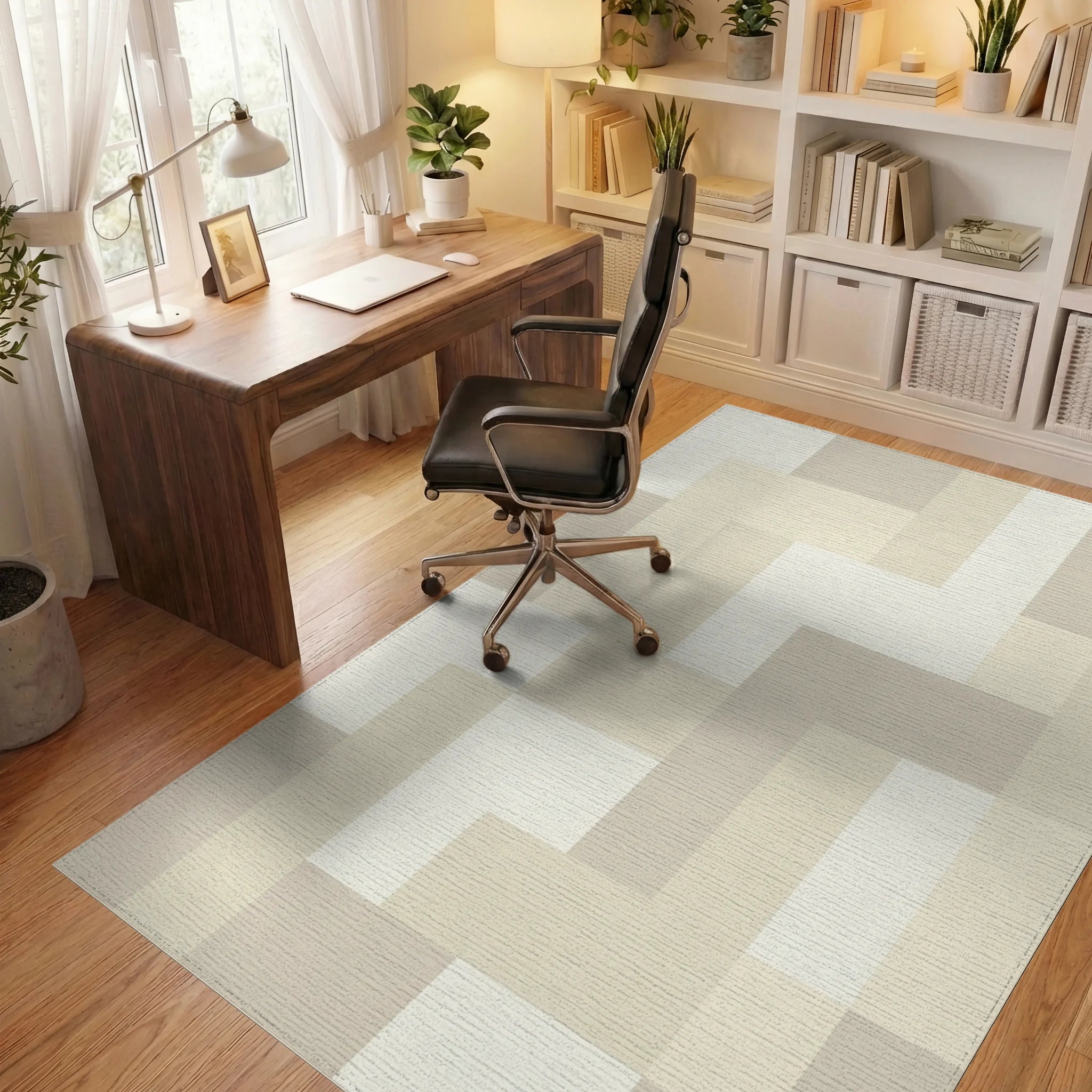 Subtle Beige Geometric Interlock Blocks Rug Office View