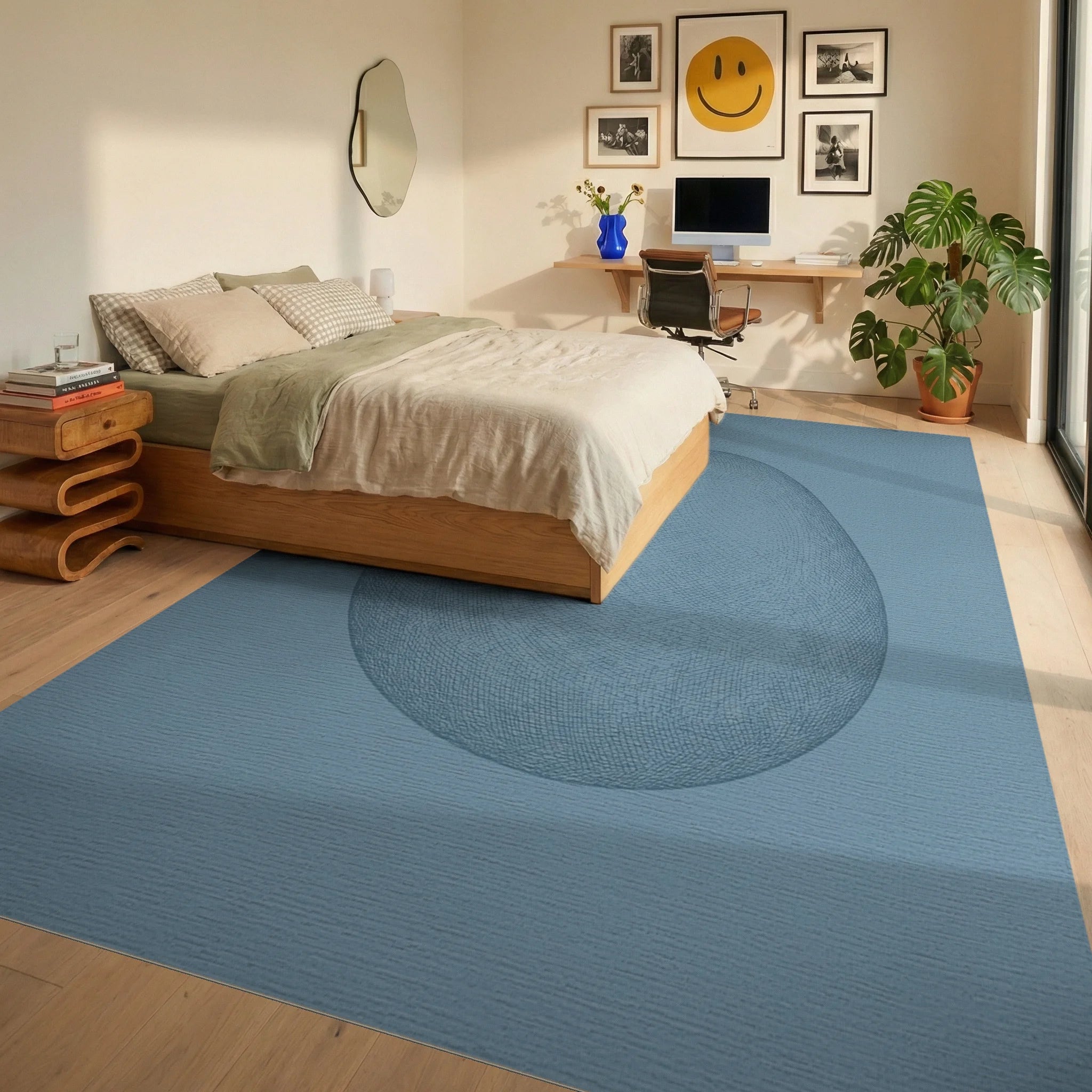 Subtle Blue Textured Organic Form Rug Bedroom View