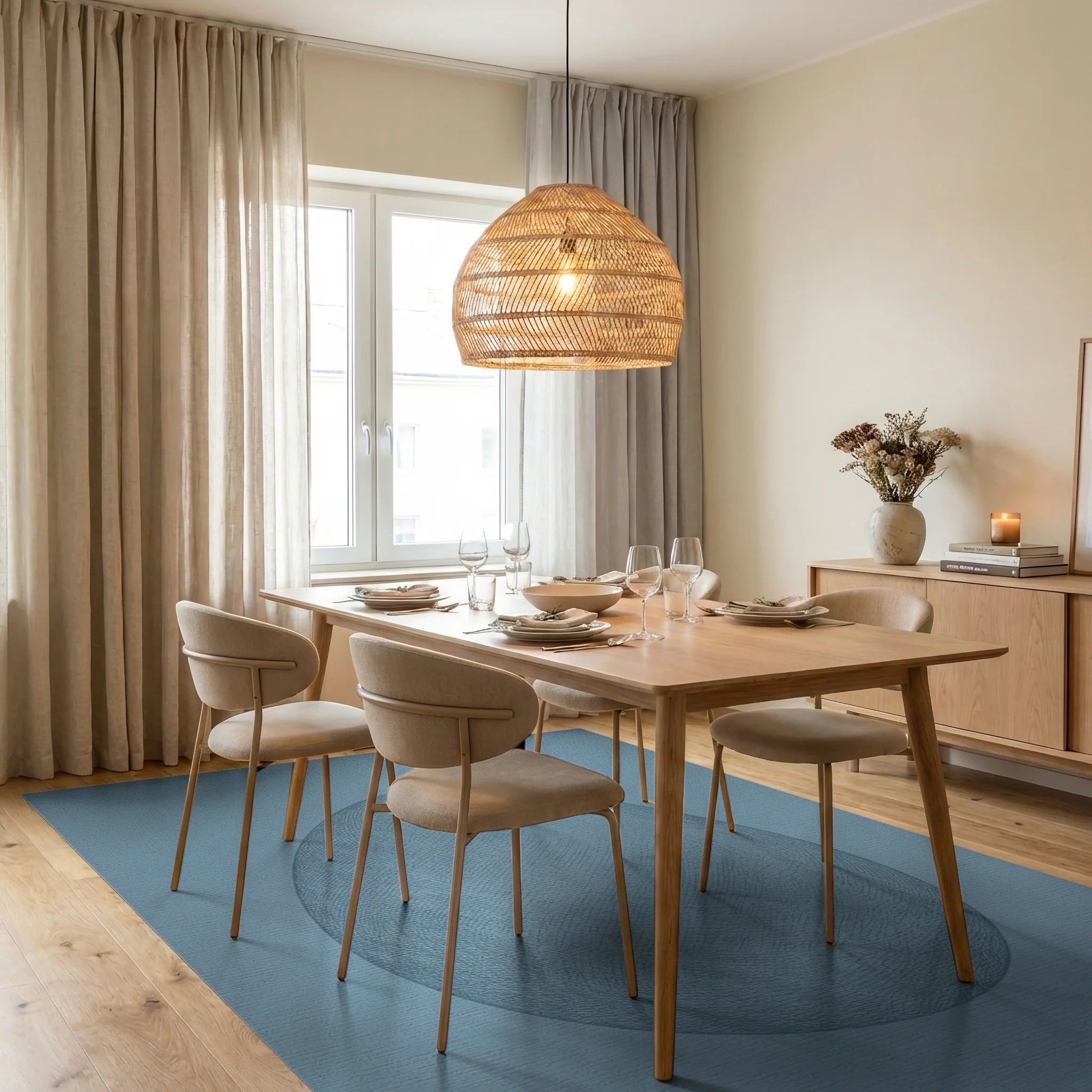 Subtle Blue Textured Organic Form Rug Dining Room View
