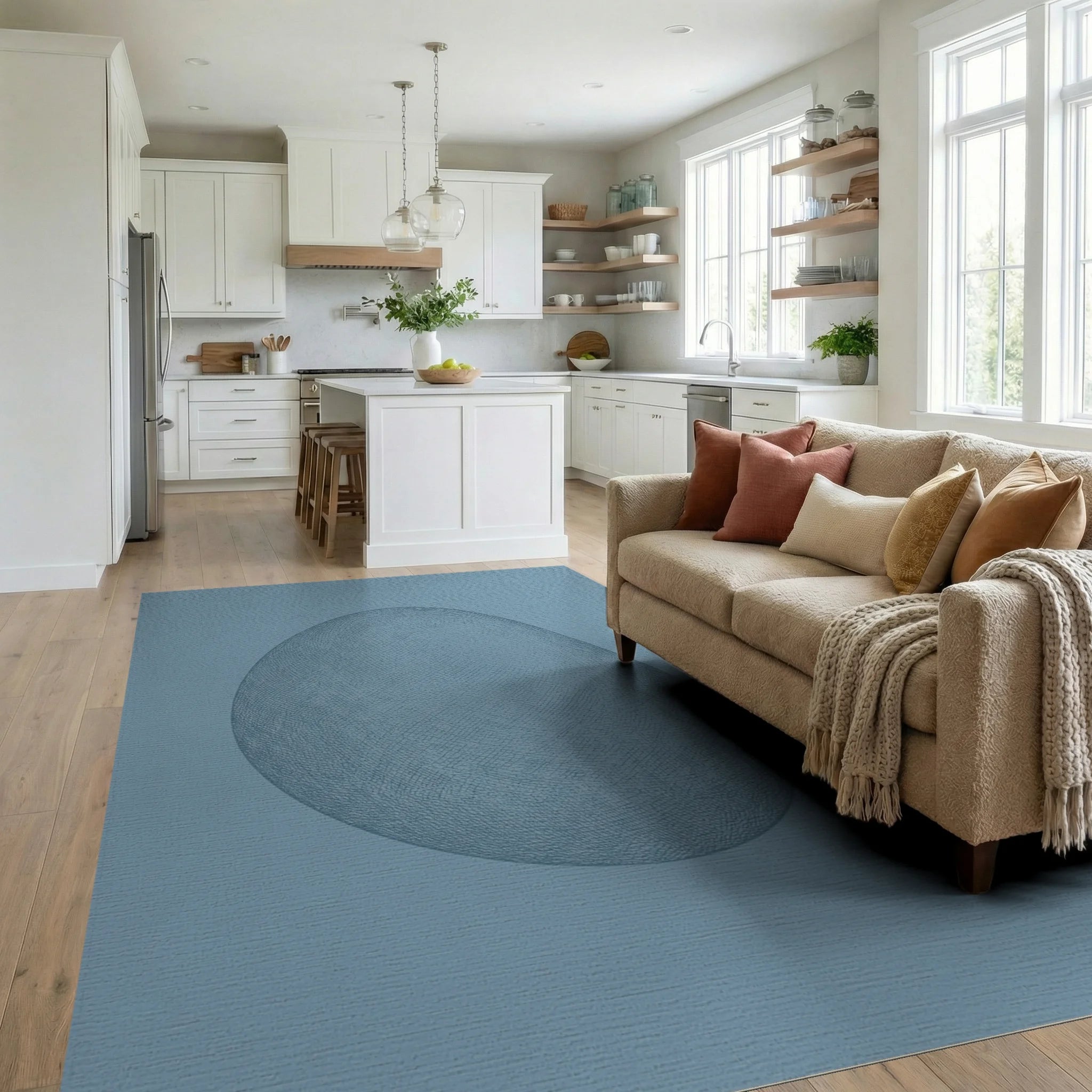 Subtle Blue Textured Organic Form Rug Living Room View