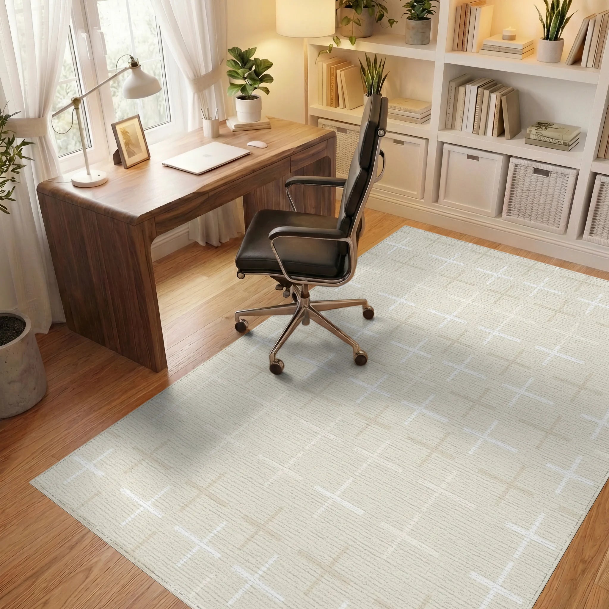 Subtle Cream Geometric Cross Repeat Rug Office View