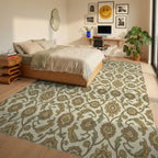 Subtle Gold Floral Arch Motif Rug Bedroom View