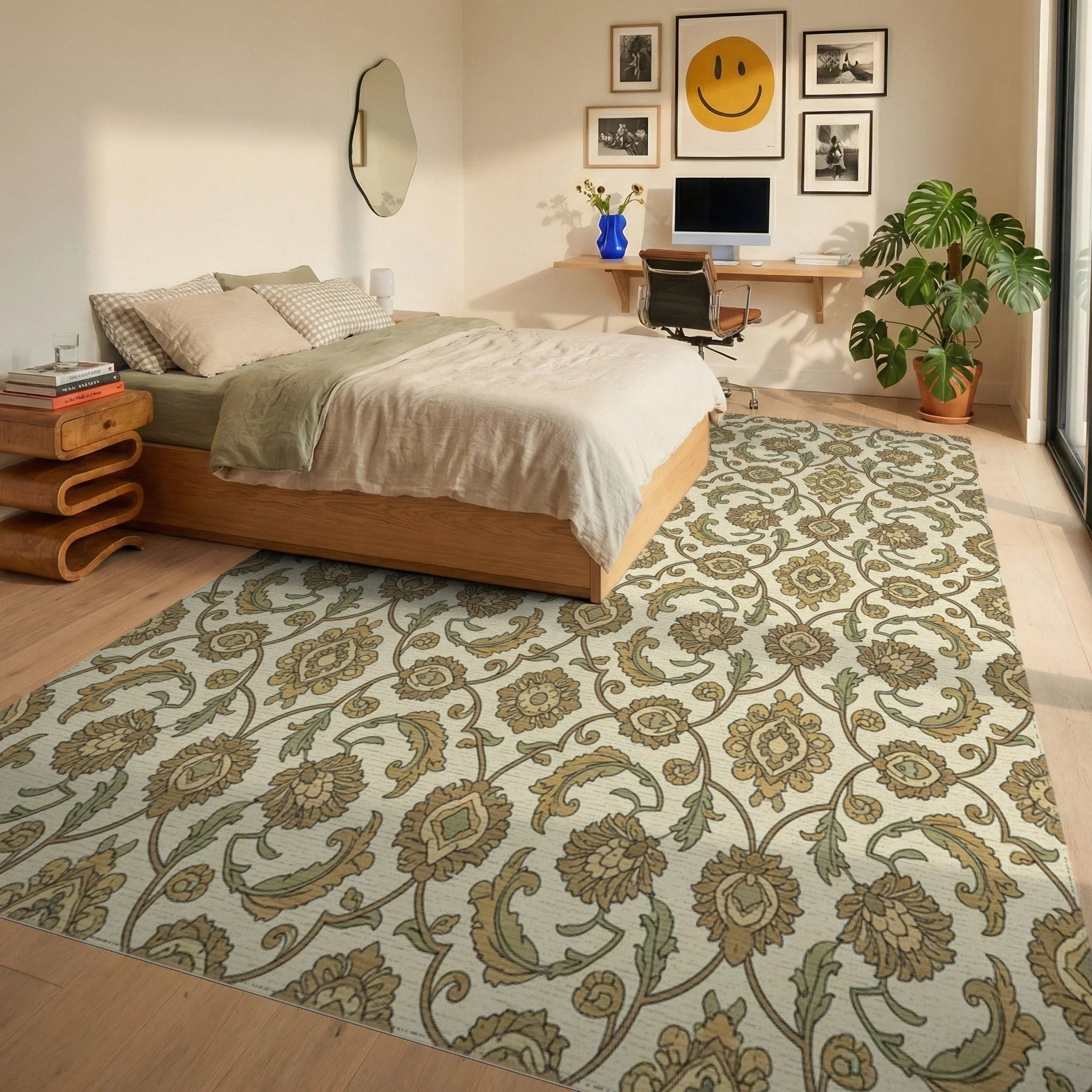 Subtle Gold Floral Arch Motif Rug Bedroom View