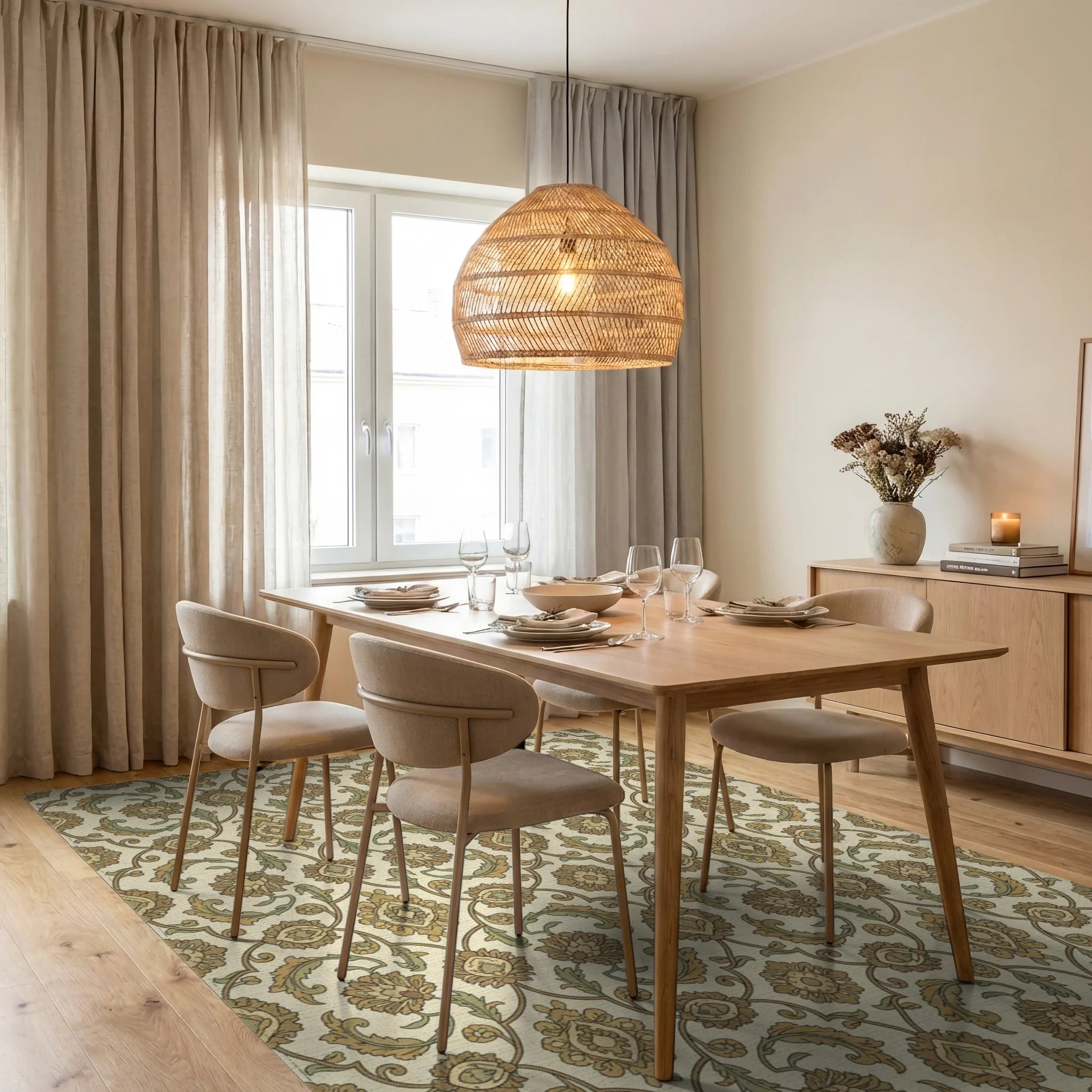 Subtle Gold Floral Arch Motif Rug Dining Room View