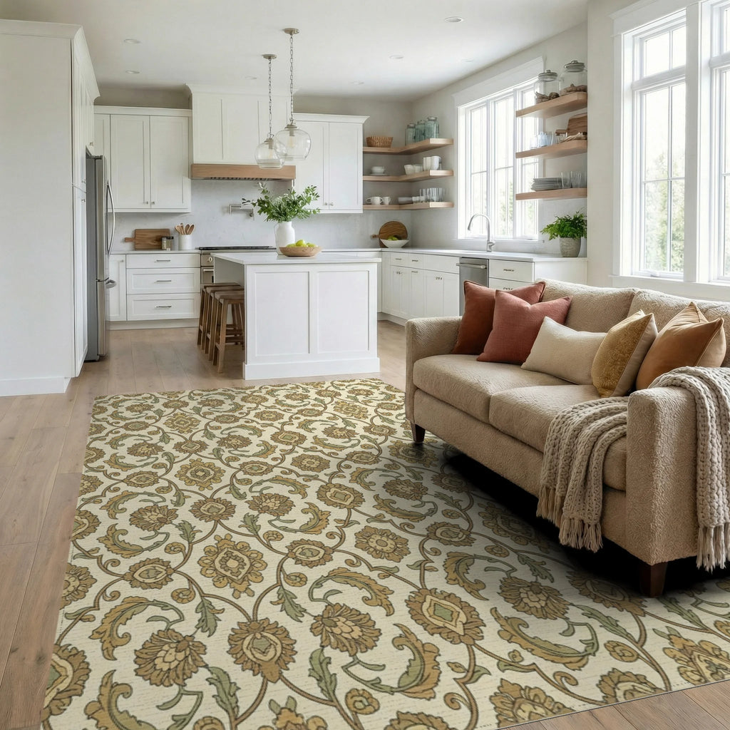 Subtle Gold Floral Arch Motif Rug Living Room View
