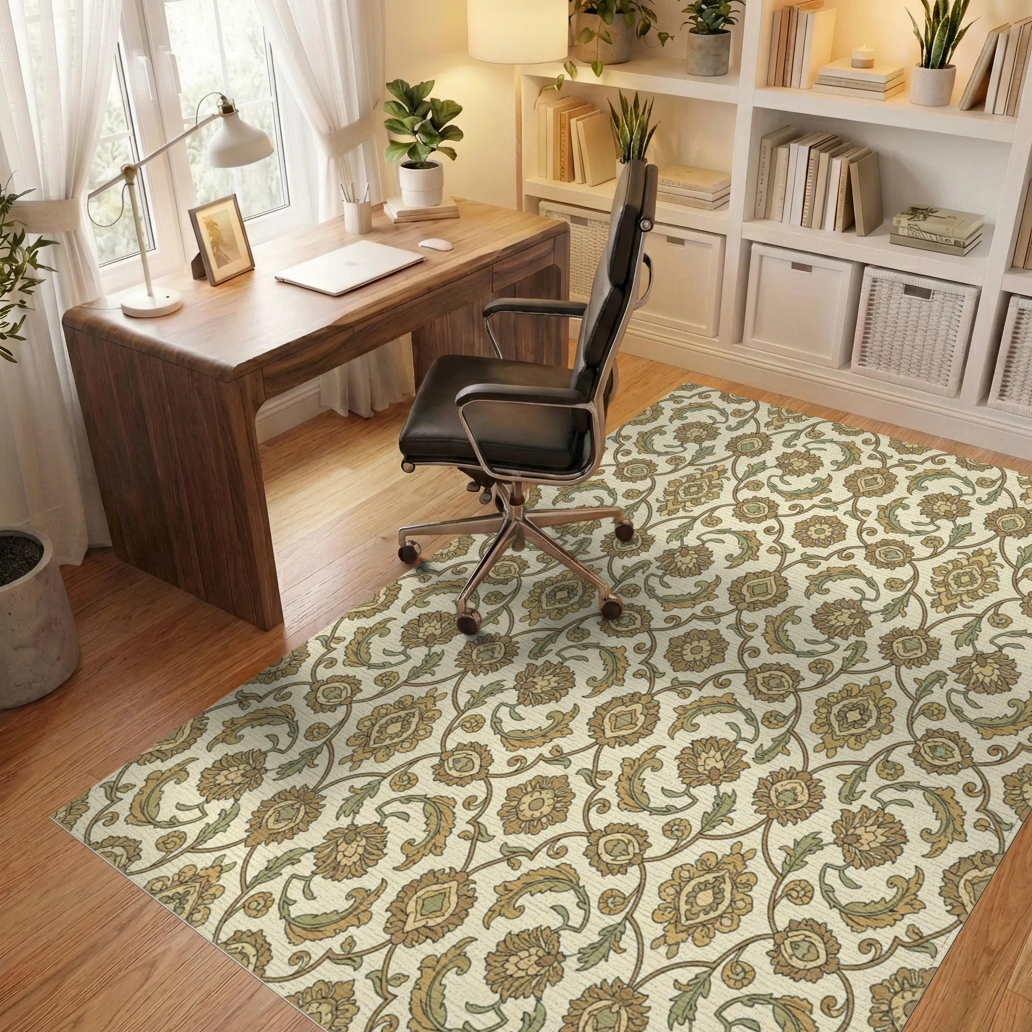 Subtle Gold Floral Arch Motif Rug Office View