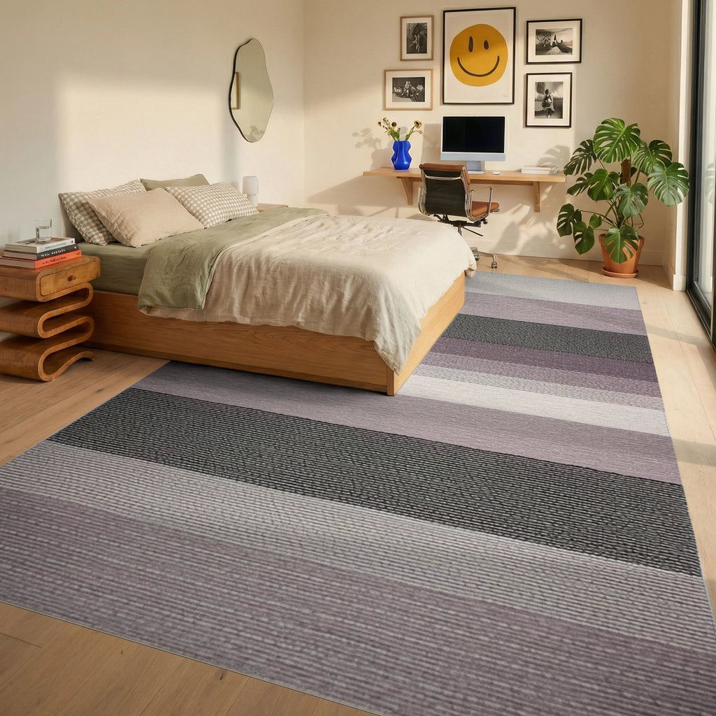 Subtle Lavender Gray Striped Texture Rug - Bedroom View