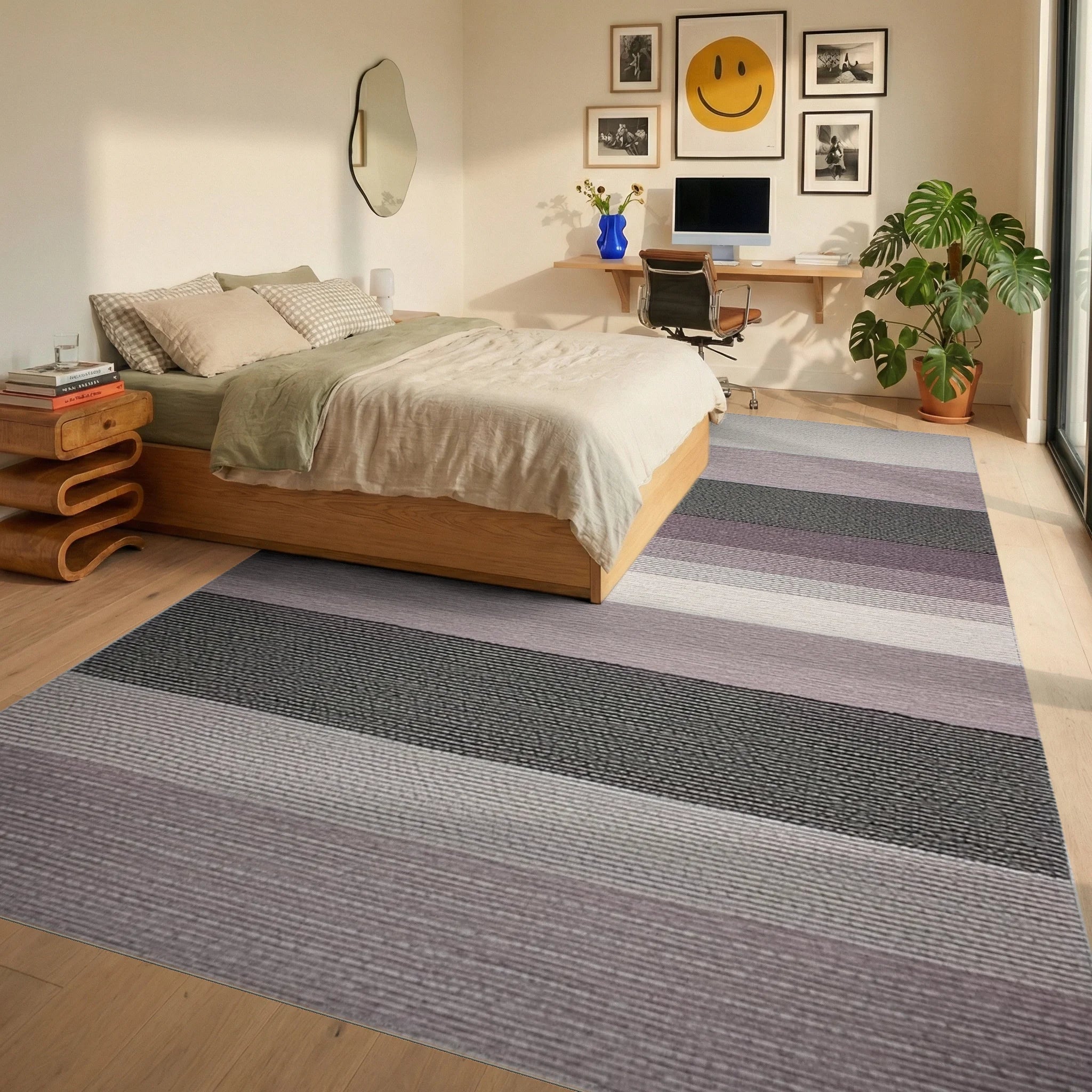 Subtle Lavender Gray Striped Texture Rug - Bedroom View