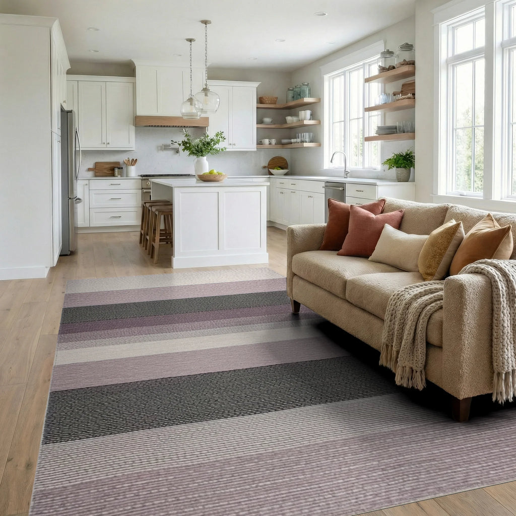 Subtle Lavender Gray Striped Texture Rug - Living Room View