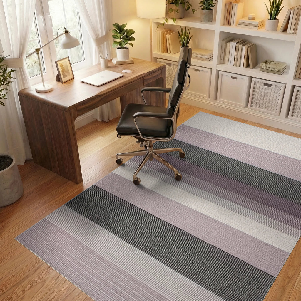 Subtle Lavender Gray Striped Texture Rug - Office View