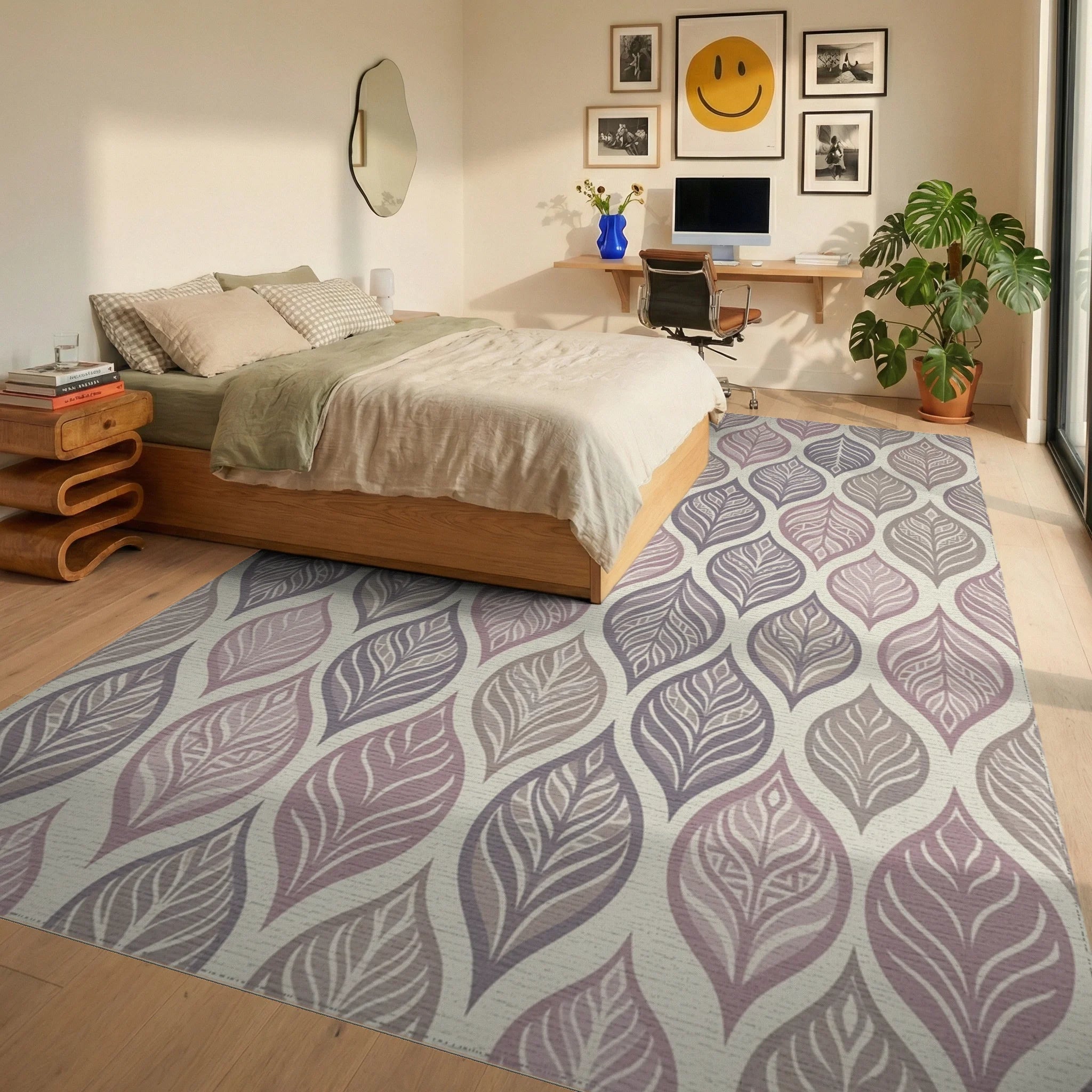 Subtle Lavender Leaf Overlay Rug Bedroom View