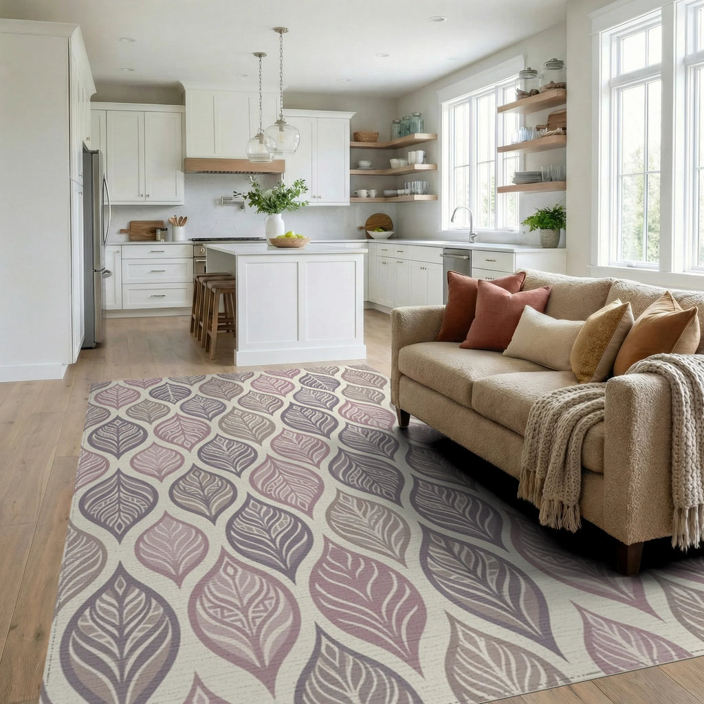 Subtle Lavender Leaf Overlay Rug Living Room View