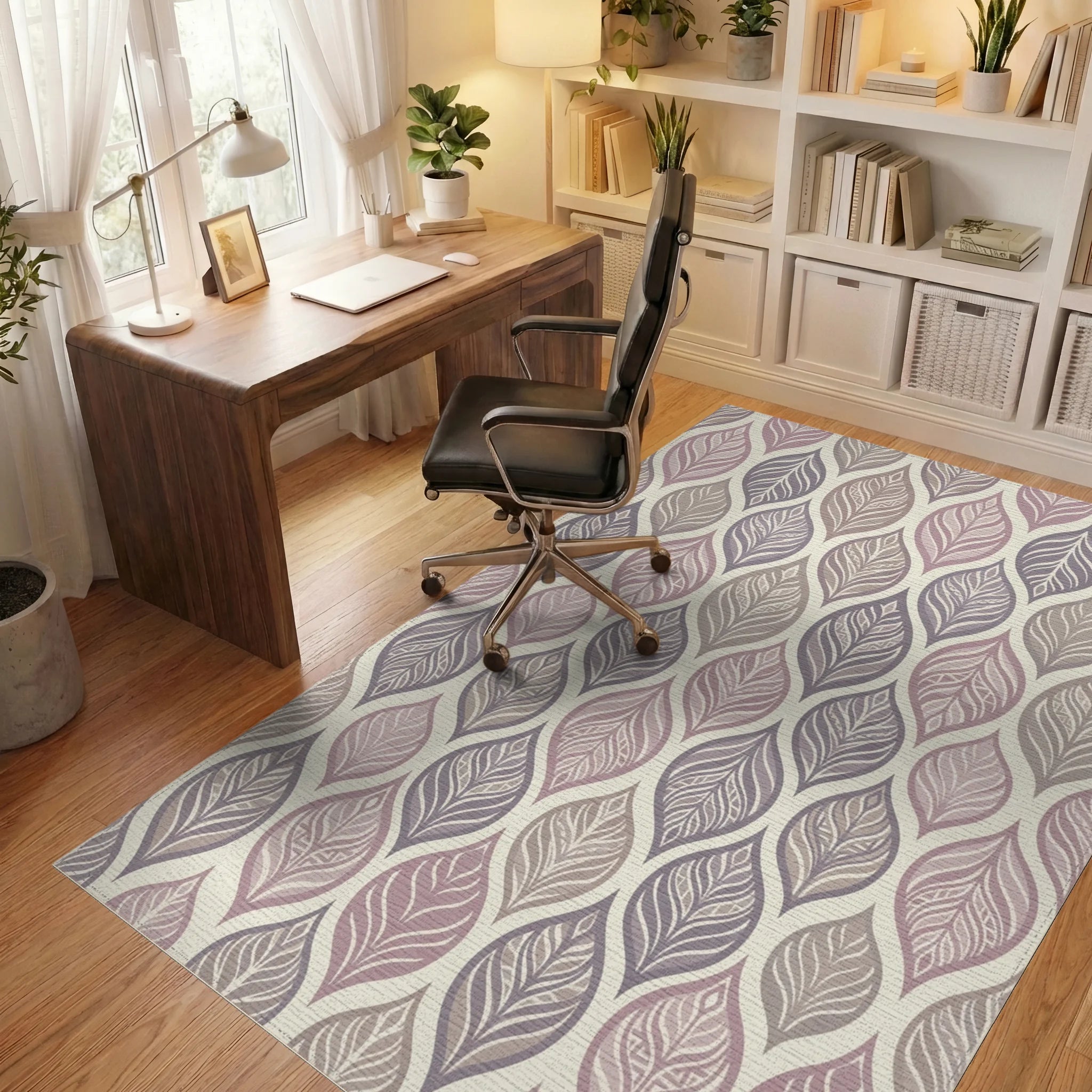 Subtle Lavender Leaf Overlay Rug Office View
