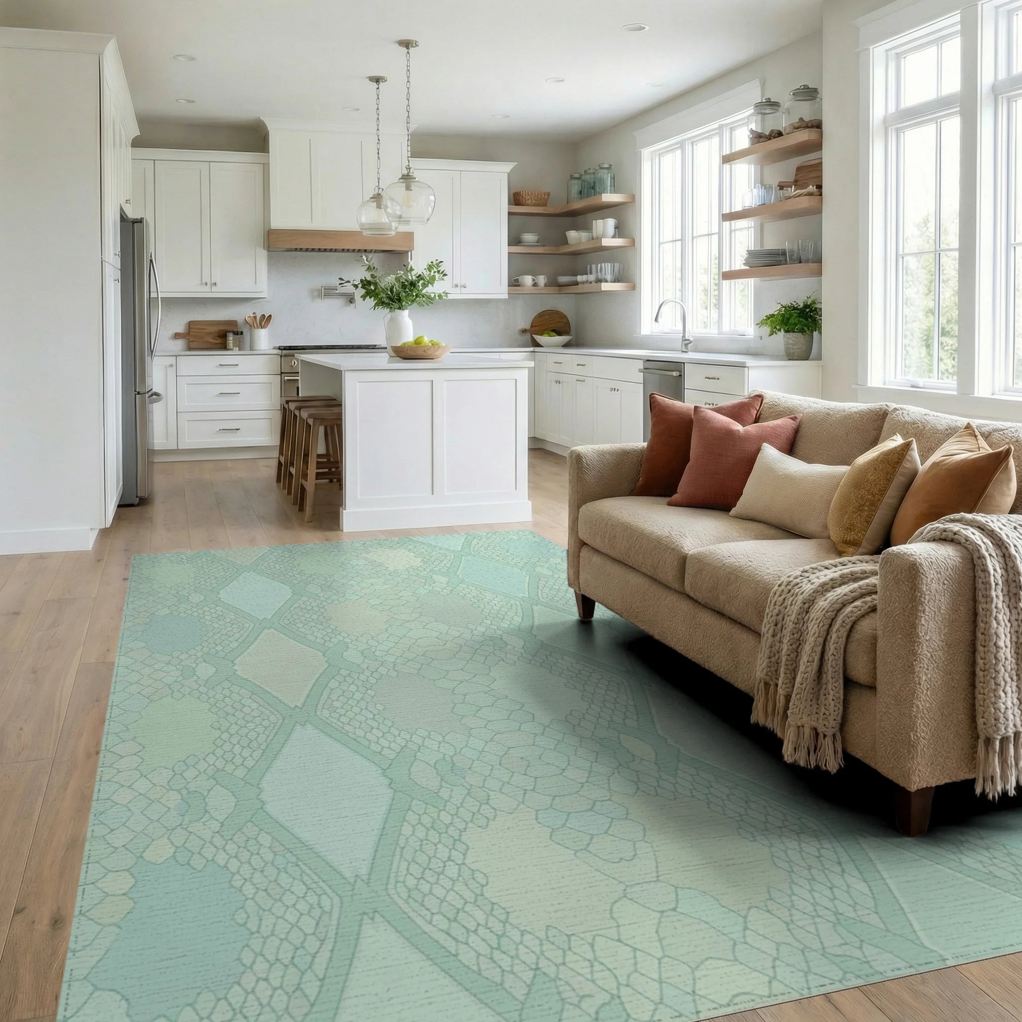 Subtle Mint Snake Skin Diamond Rug Living Room View