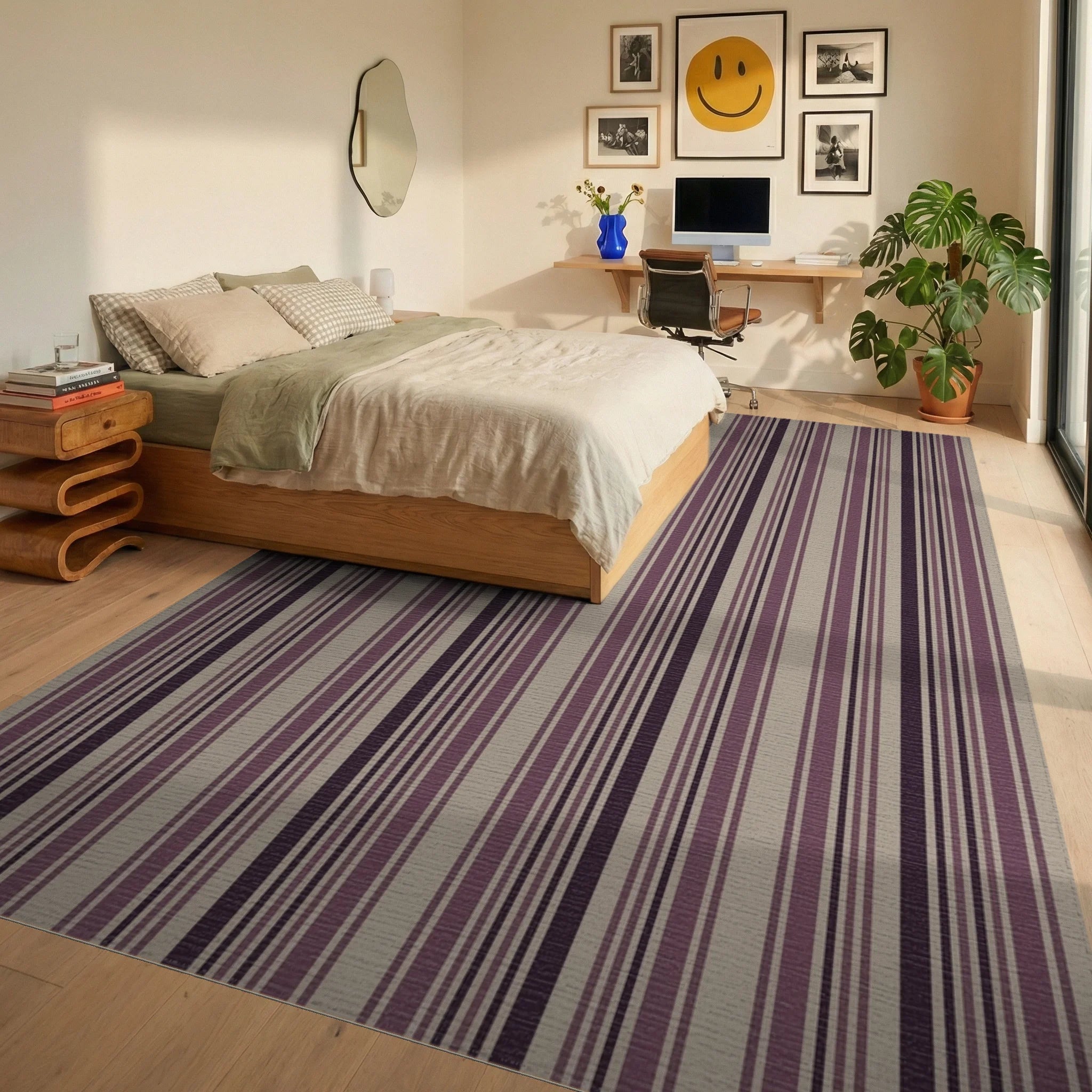 Subtle Plum And Taupe Stripes Rug Bedroom View