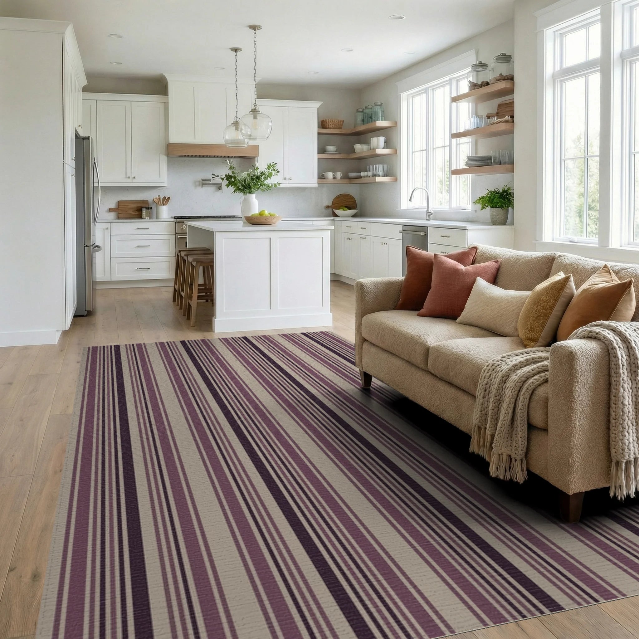 Subtle Plum And Taupe Stripes Rug Living Room View