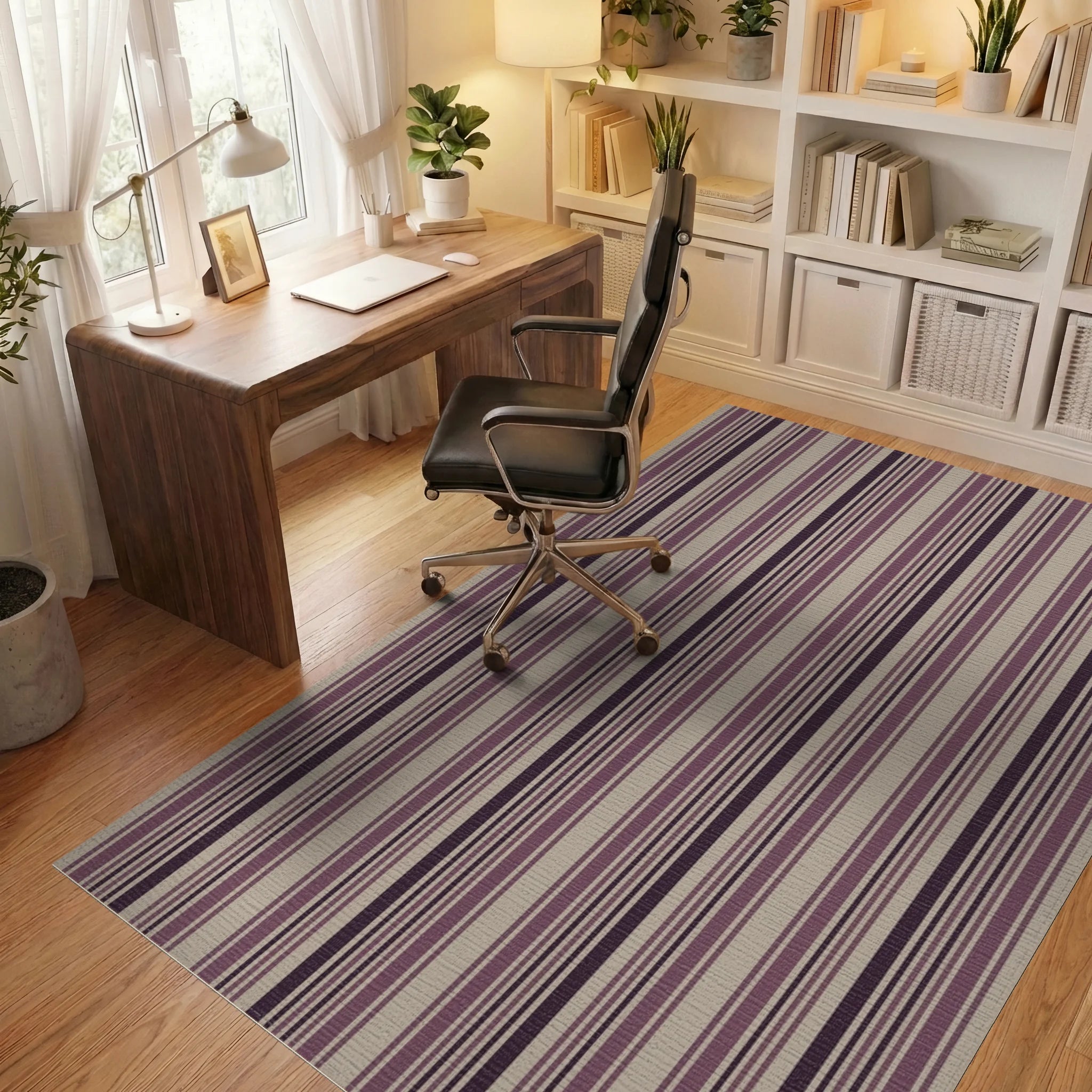Subtle Plum And Taupe Stripes Rug Office View