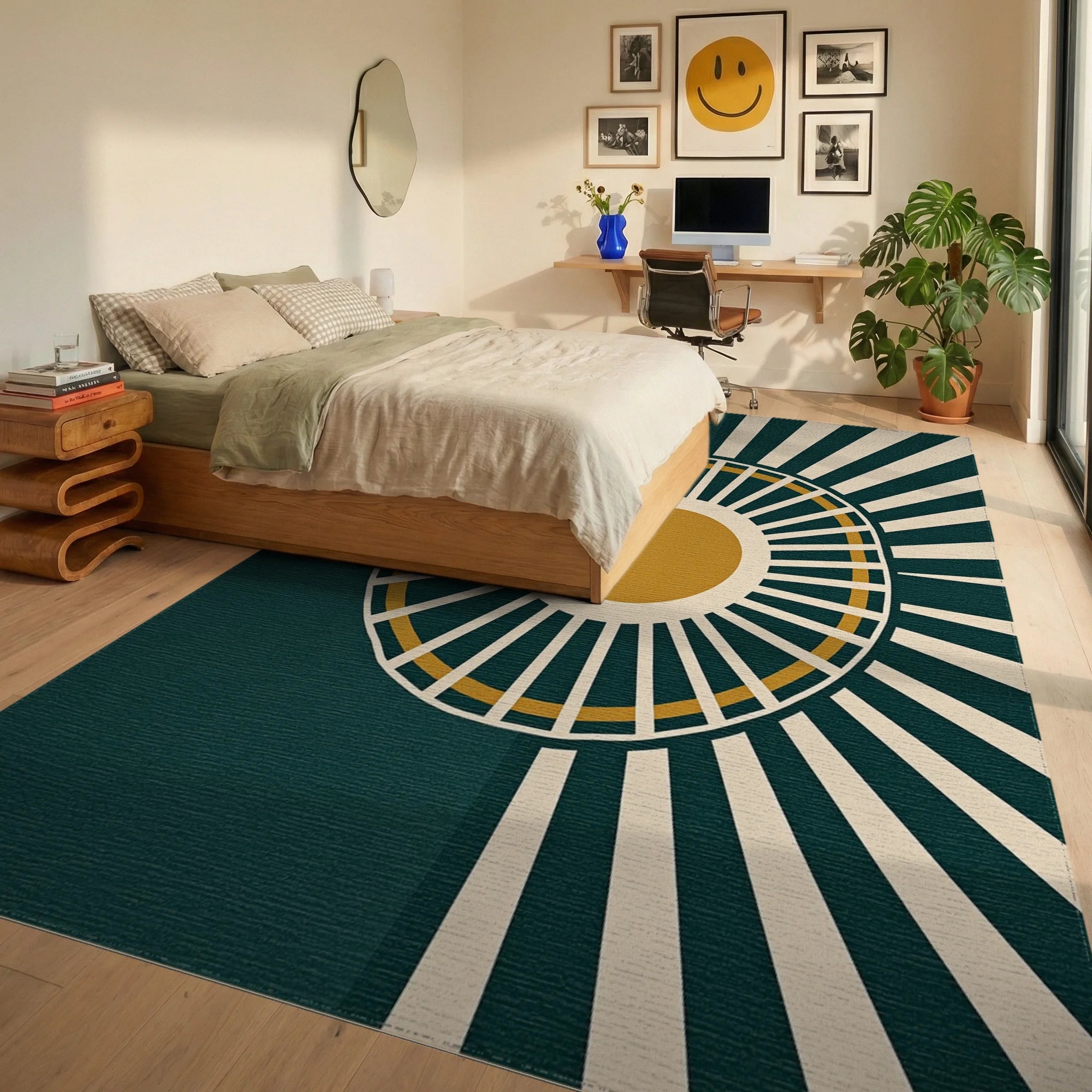 Sunburst Abstract Teal Gold Rug Bedroom View