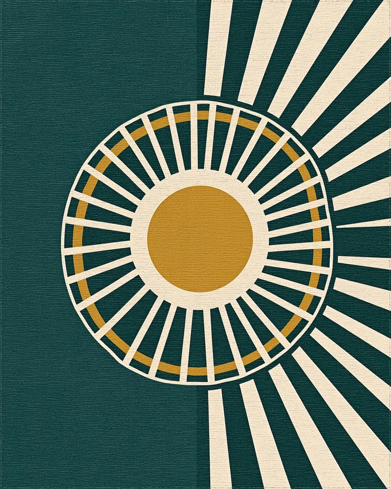 Sunburst Abstract Teal Gold Rug - Cutout View