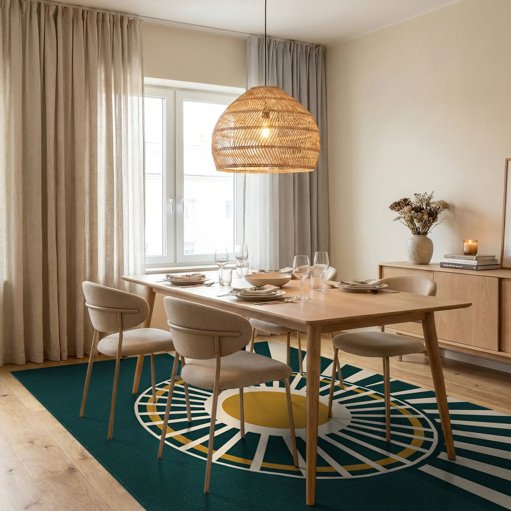 Sunburst Abstract Teal Gold Rug Dining Room View