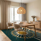 Sunburst Abstract Teal Gold Rug Dining Room View