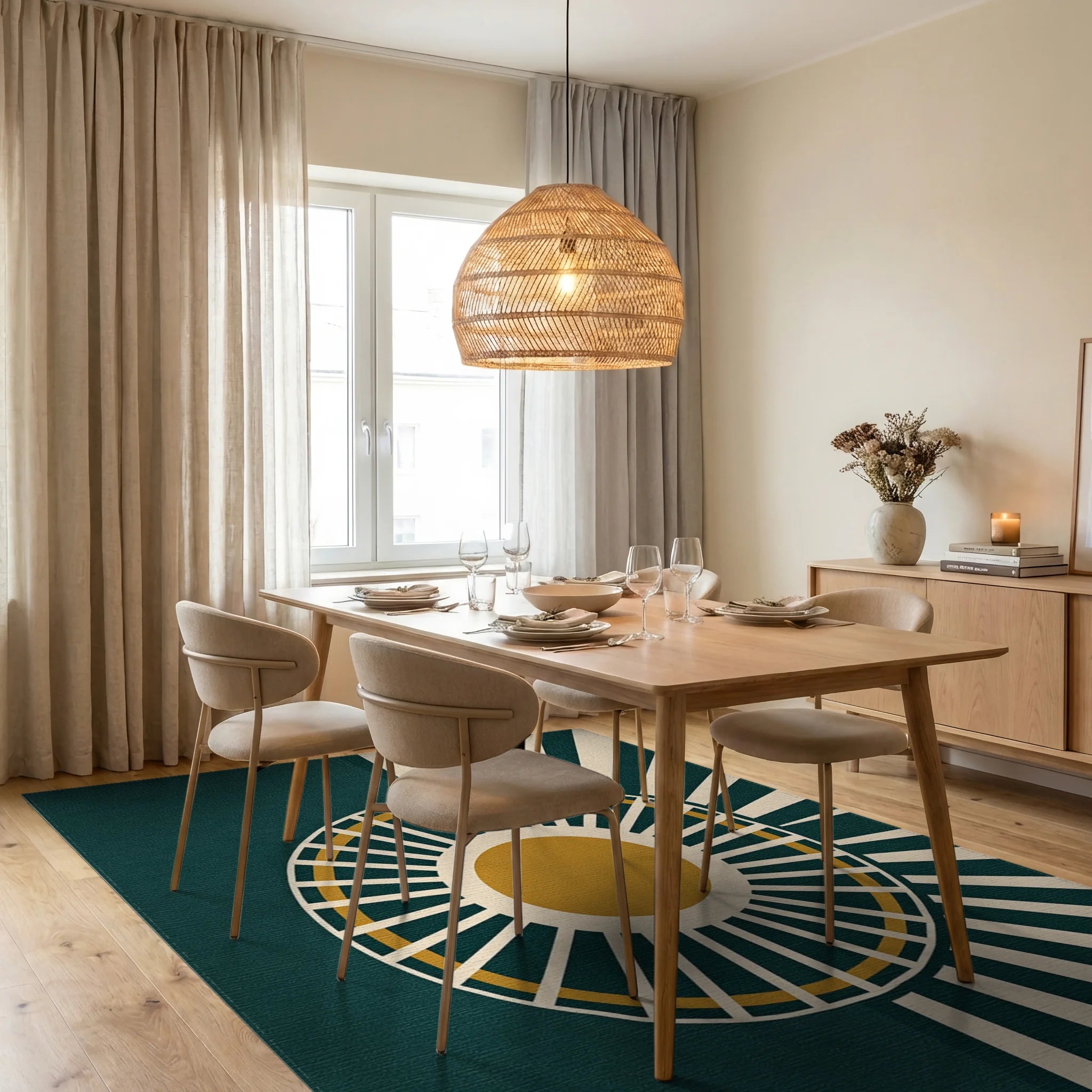 Sunburst Abstract Teal Gold Rug Dining Room View