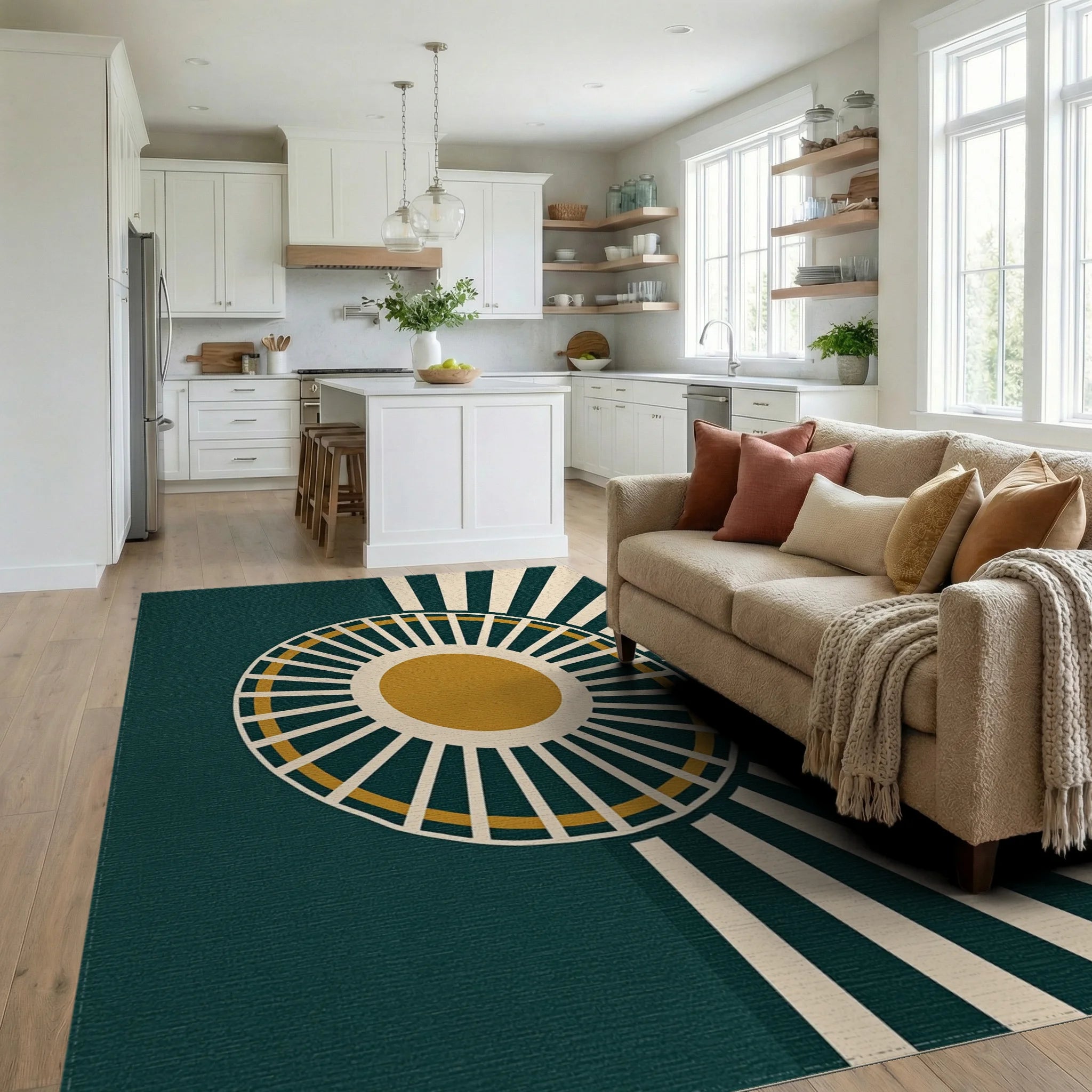 Sunburst Abstract Teal Gold Rug Living Room View