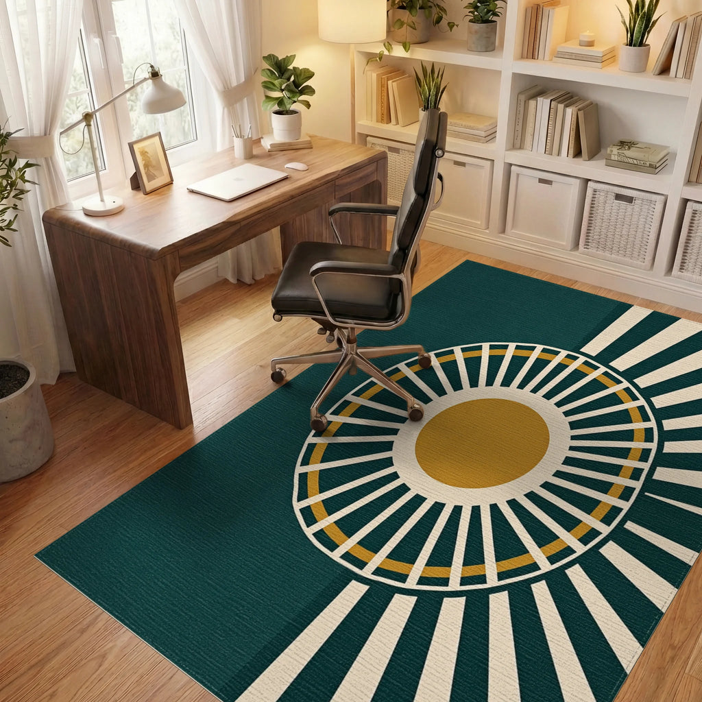Sunburst Abstract Teal Gold Rug Office View