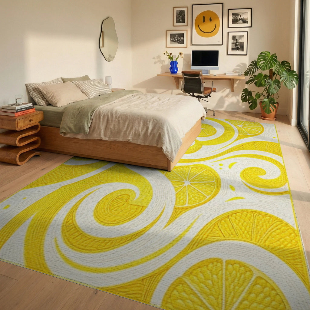 Sunny Citrus Swirl Tile Pattern Rug - Bedroom View