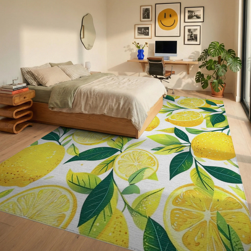 Sunny Lemon Slice Pattern Design Rug Bedroom View