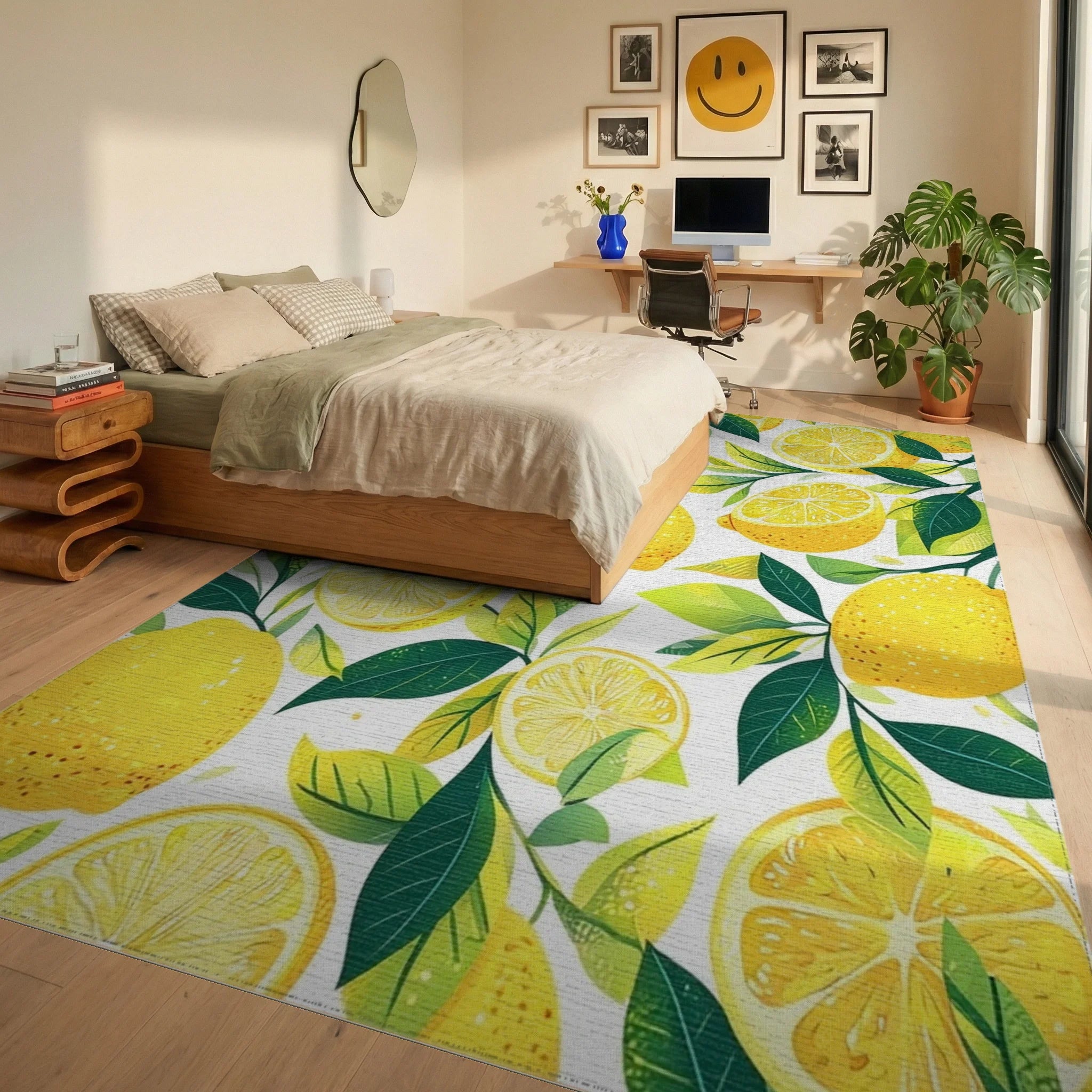 Sunny Lemon Slice Pattern Design Rug Bedroom View