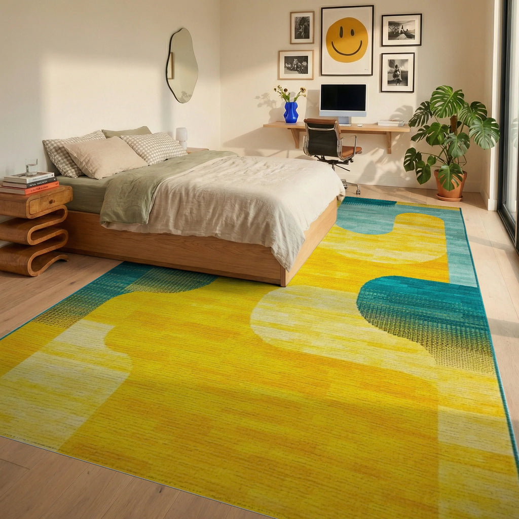 Sunny Teal Abstract Arcs Rug - Bedroom View
