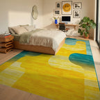 Sunny Teal Abstract Arcs Rug - Bedroom View