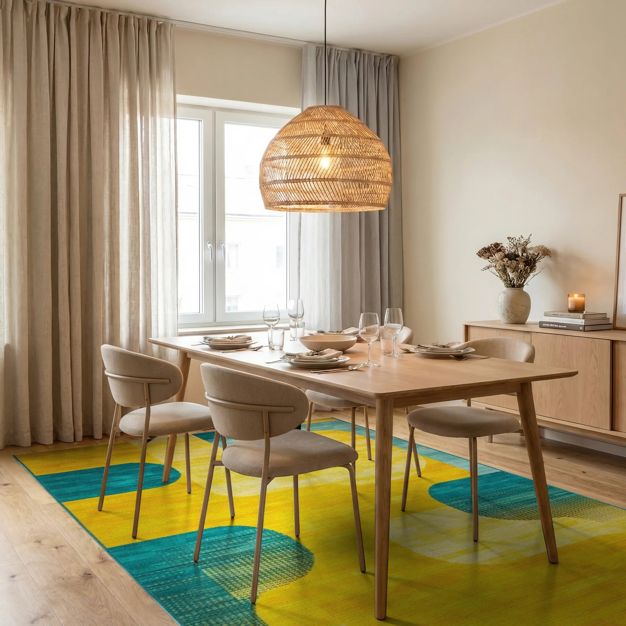 Sunny Teal Abstract Arcs Rug - Dining Room View