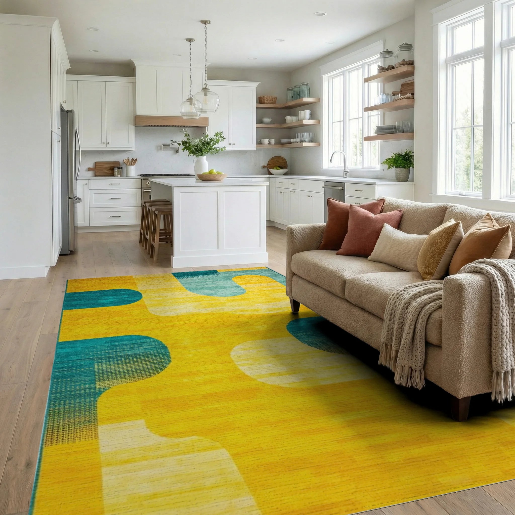 Sunny Teal Abstract Arcs Rug - Living Room View