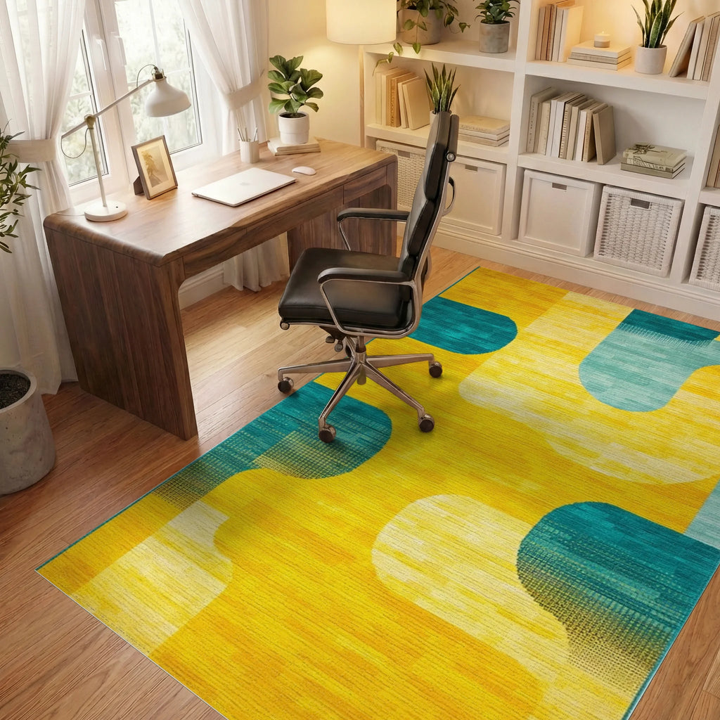 Sunny Teal Abstract Arcs Rug - Office View