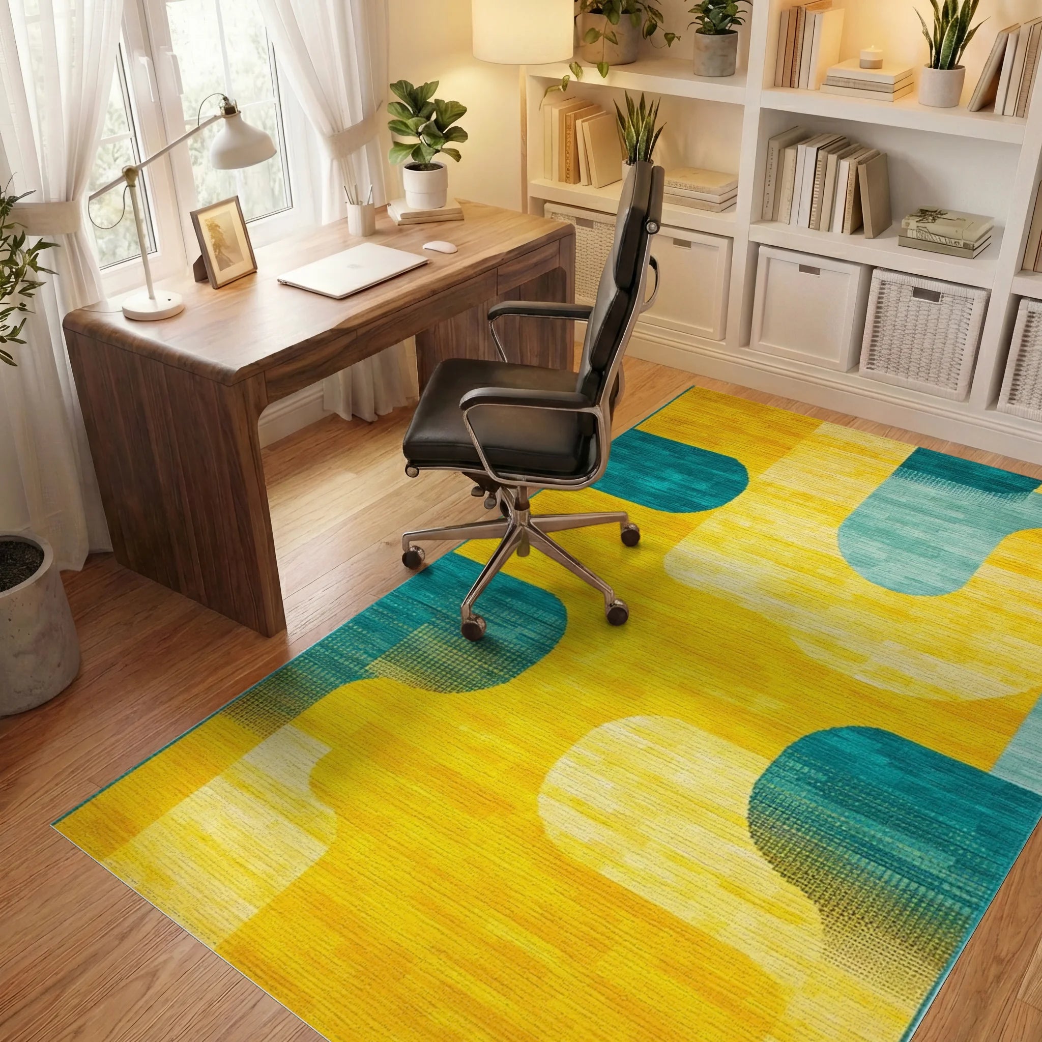Sunny Teal Abstract Arcs Rug - Office View