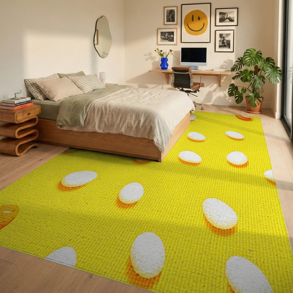 Sunny Yellow Egg Collage Rug - Bedroom View