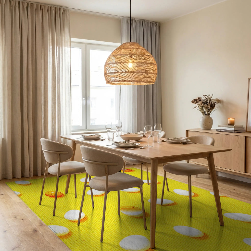 Sunny Yellow Egg Collage Rug - Dining Room View