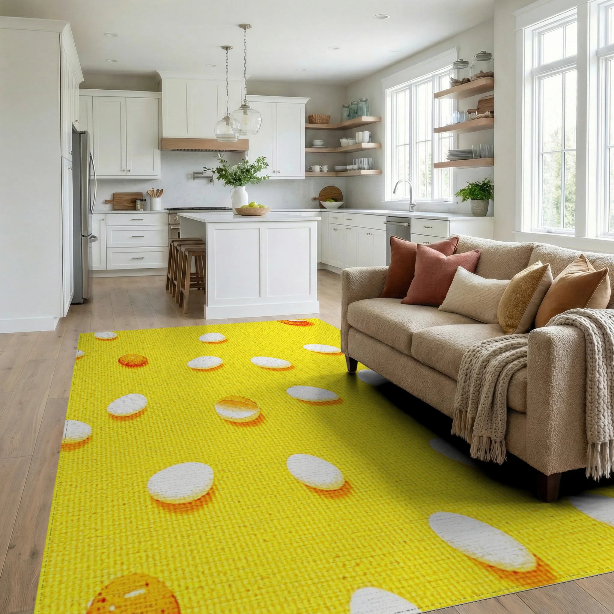 Sunny Yellow Egg Collage Rug - Living Room View