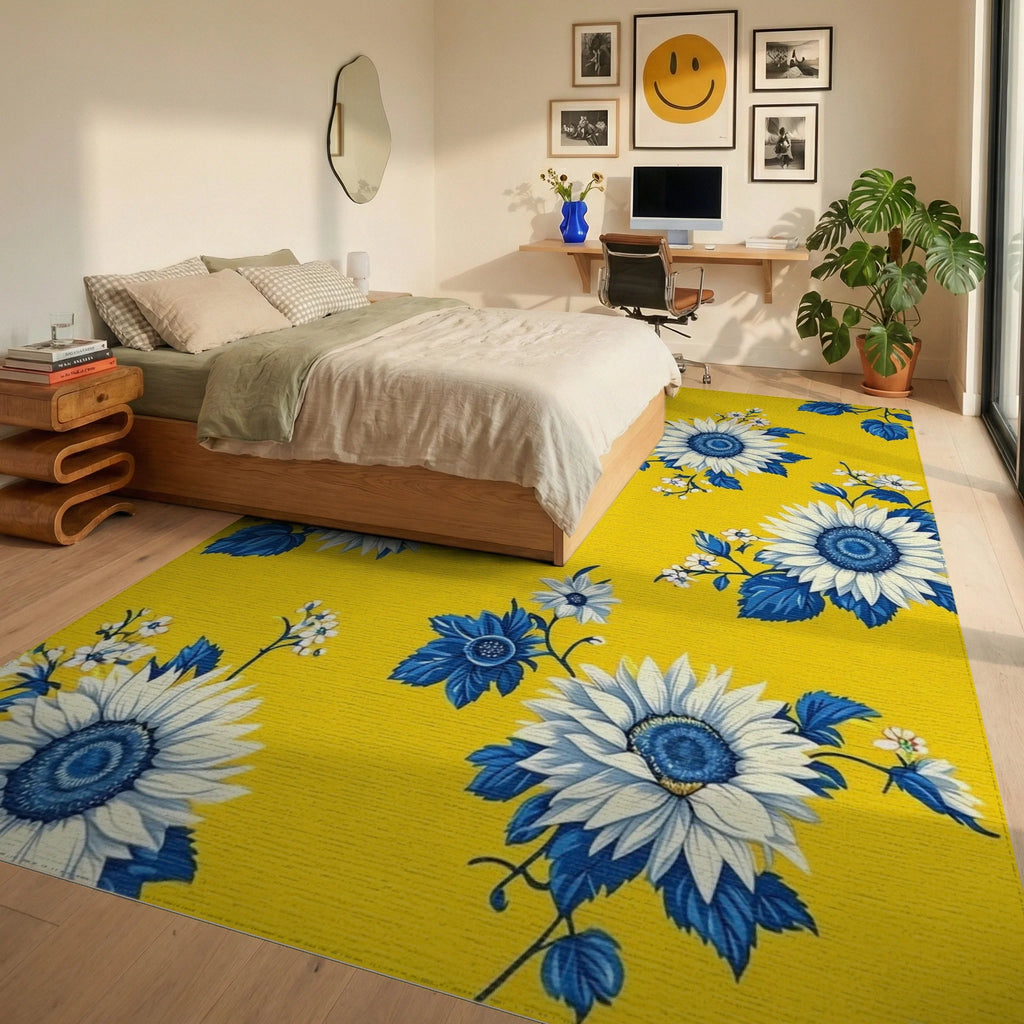Sunny Yellow Sunflowers Blue Leaves Rug - Bedroom View