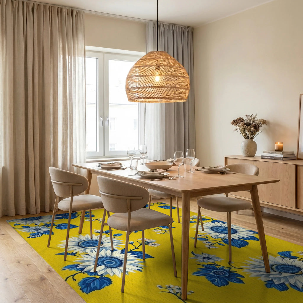 Sunny Yellow Sunflowers Blue Leaves Rug - Dining Room View