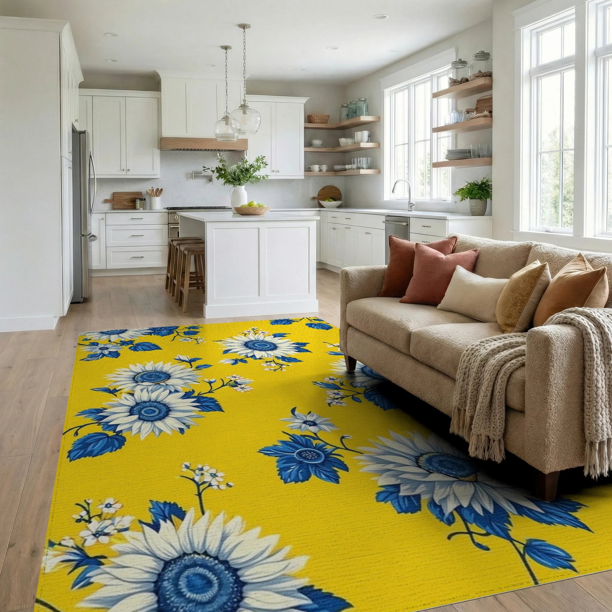 Sunny Yellow Sunflowers Blue Leaves Rug - Living Room View