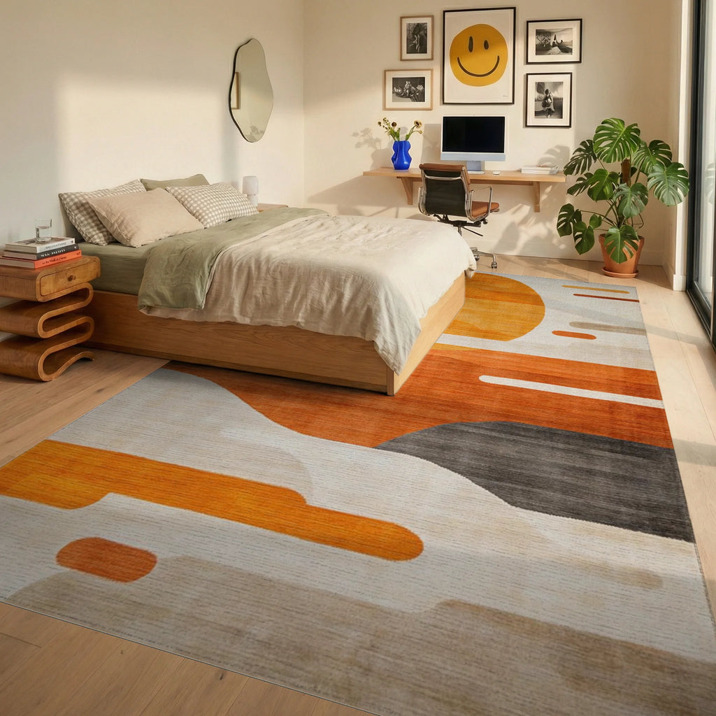 Sunset Orange Abstract Circular Landscape Rug - Bedroom View