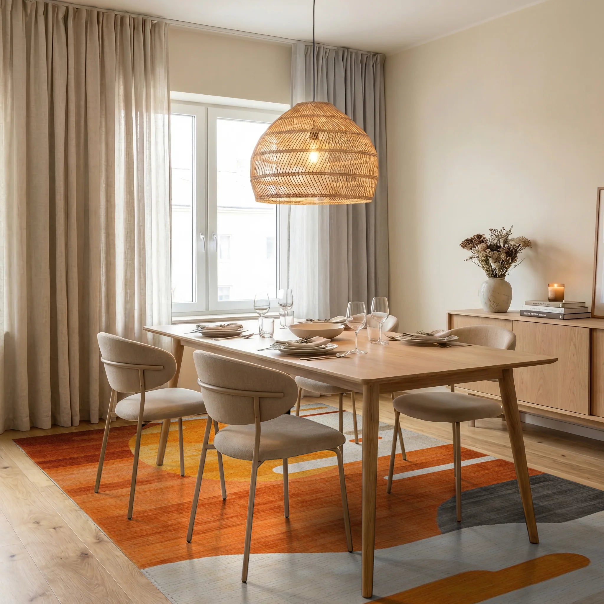 Sunset Orange Abstract Circular Landscape Rug - Dining Room View