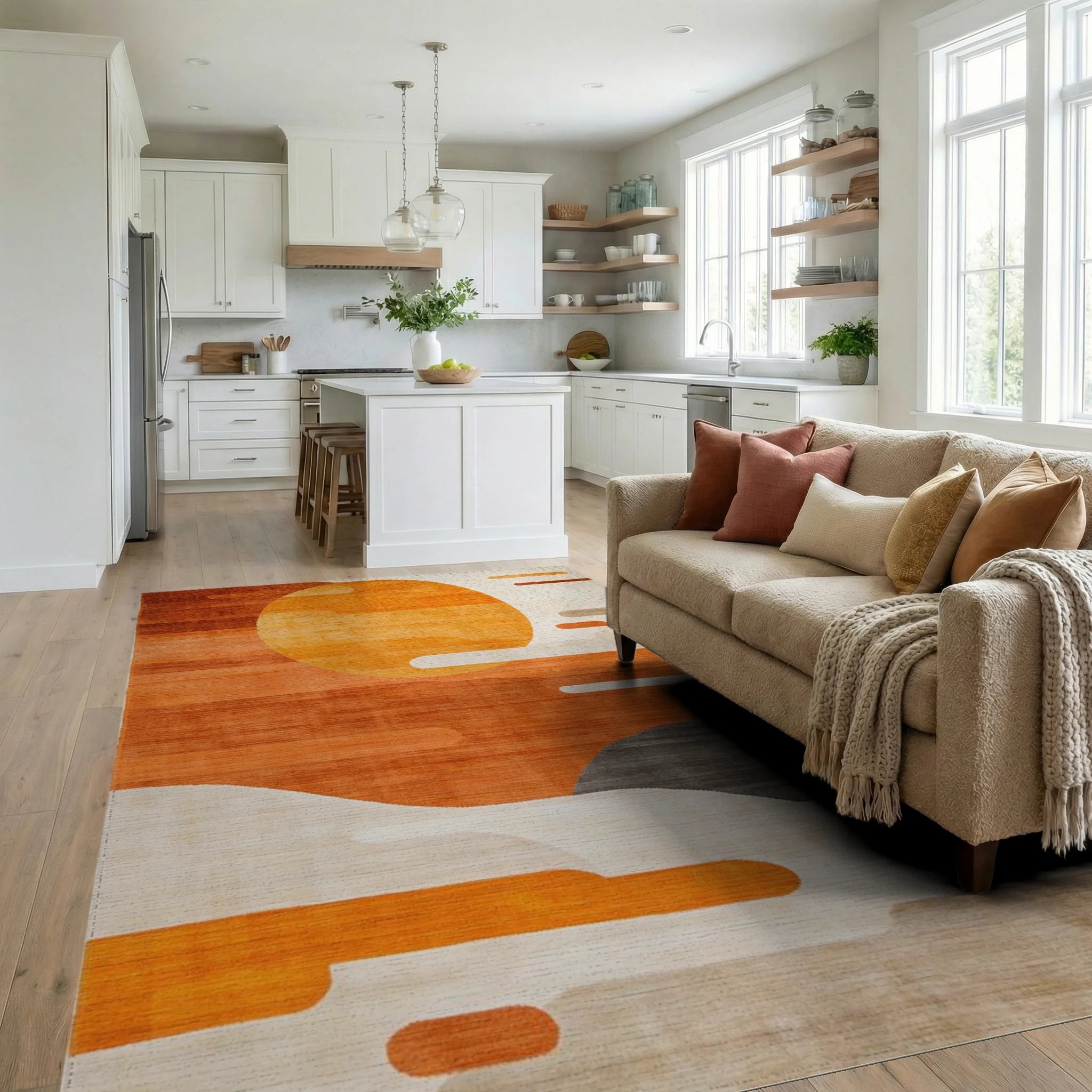 Sunset Orange Abstract Circular Landscape Rug - Living Room View