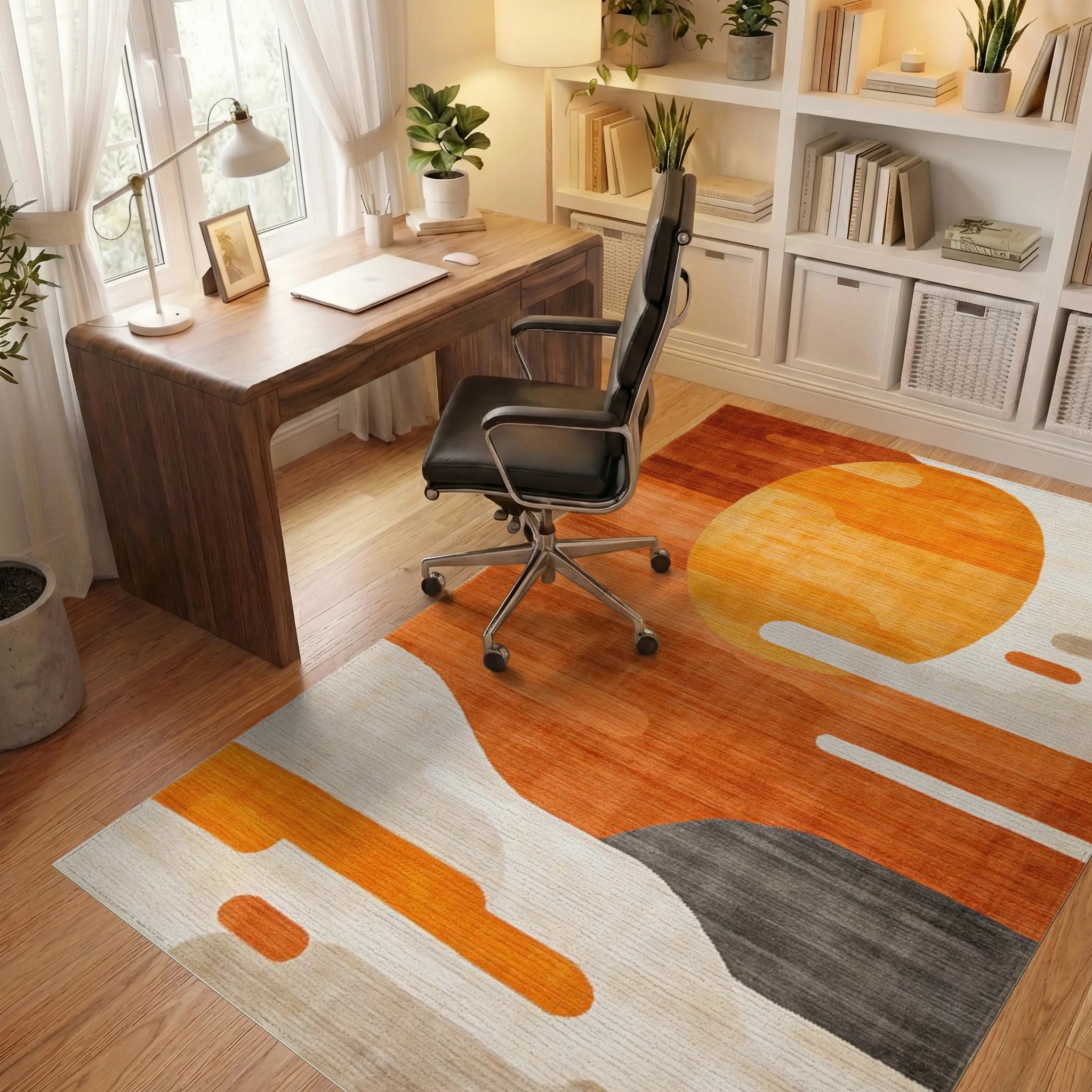 Sunset Orange Abstract Circular Landscape Rug - Office View