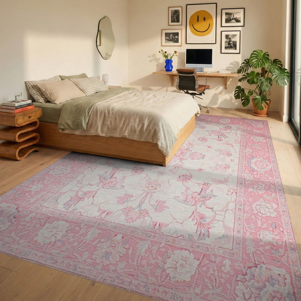 Sweet Blossom Pink Floral Medallion Rug - Bedroom View